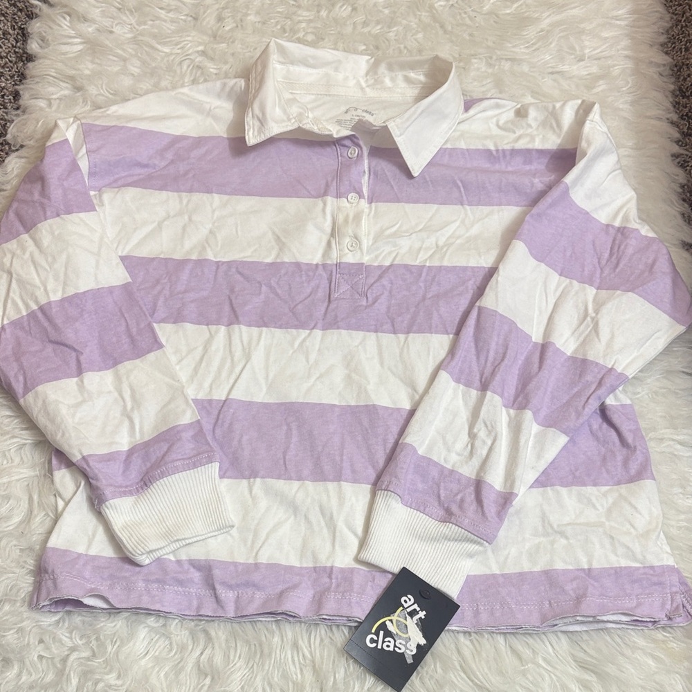 NWT Art Class Lavender And White Striped Polo LS 100% Cotton Youth 10/12